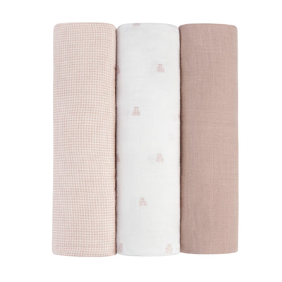 Ely's & Co 3 Pack Muslin Swaddles - Gingham Bear Collection - Pink
