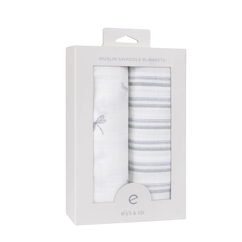 Ely's & Co 2 Pack Cotton Muslin Swaddle Blanket - Blue Dragonfly