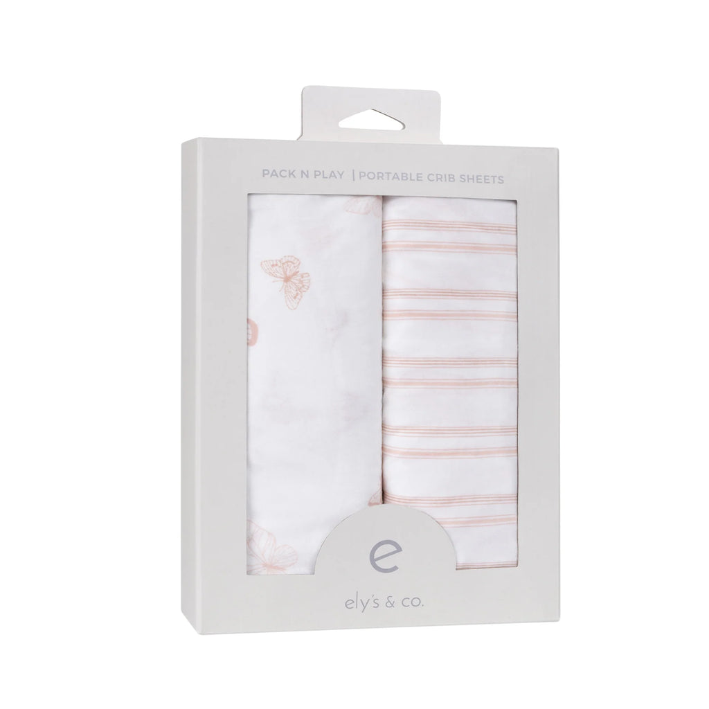 Ely's & Co Cotton Pack N Play / Portable Crib Sheet - Butterfly & Stripe