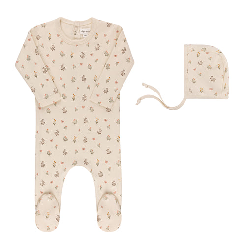 Ely's & Co Garden Floral Print Collection Footie & Bonnet - Ivory Girl