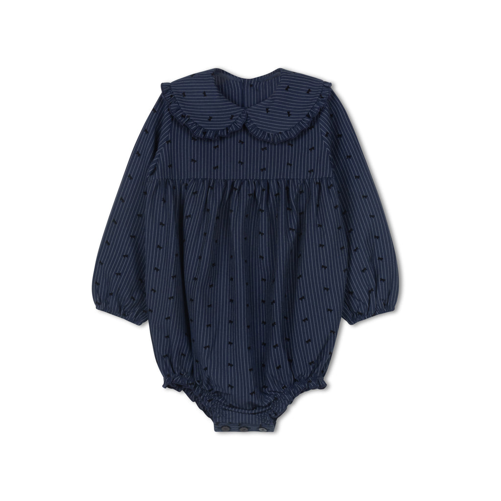 Velvette Label Blue Pinstripe Bow Romper