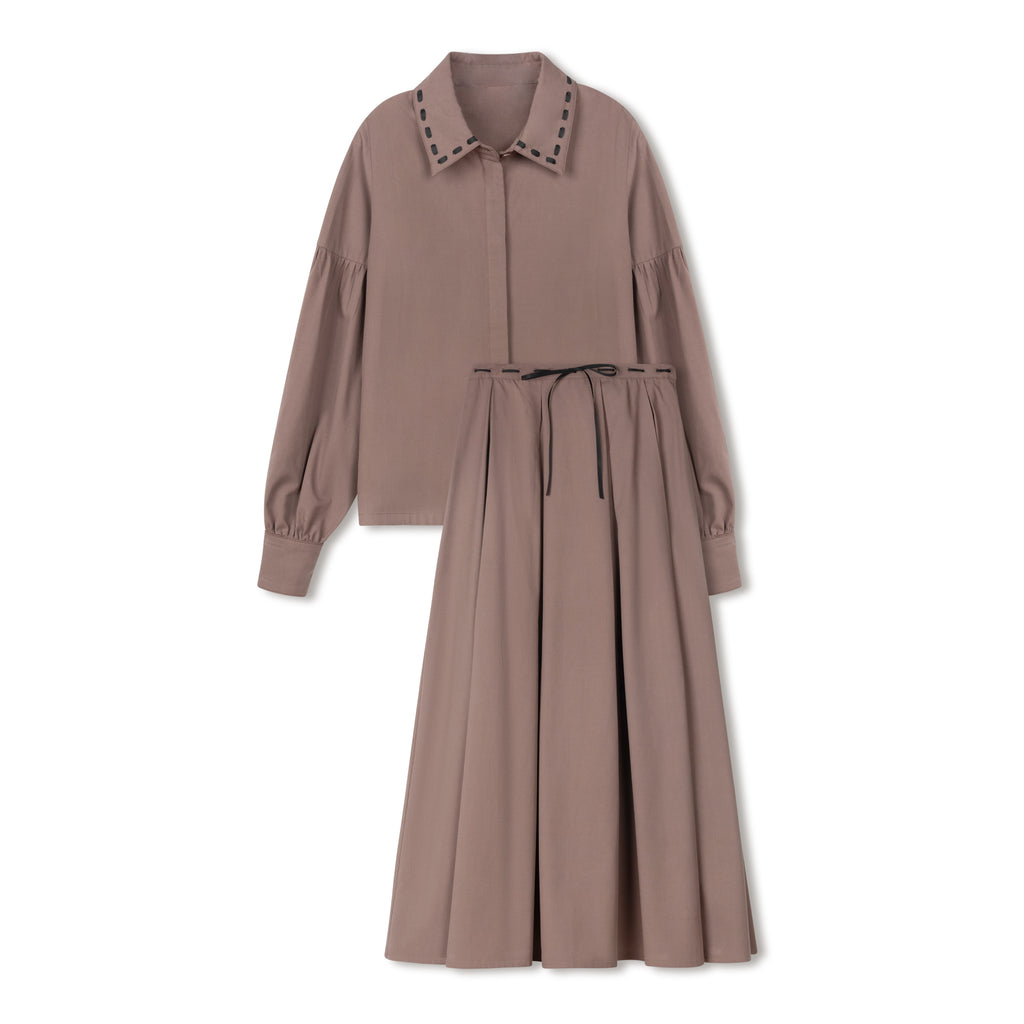 Velvette Label Ribbon Stitch Shirt & Skirt Set - Brown