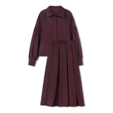 Velvette Label Ribbon Stitch Shirt & Skirt Set - Burgundy