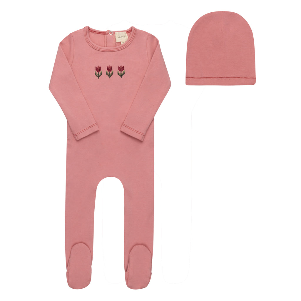 Aurora Cotton Cross Stitch Tulip Collection Footie And Beanie - Pink