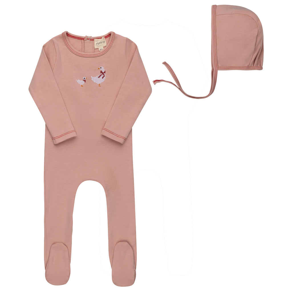 Ely's & Co Cotton Cross Stitch Duckling Collection Footie And Bonnet - Pink