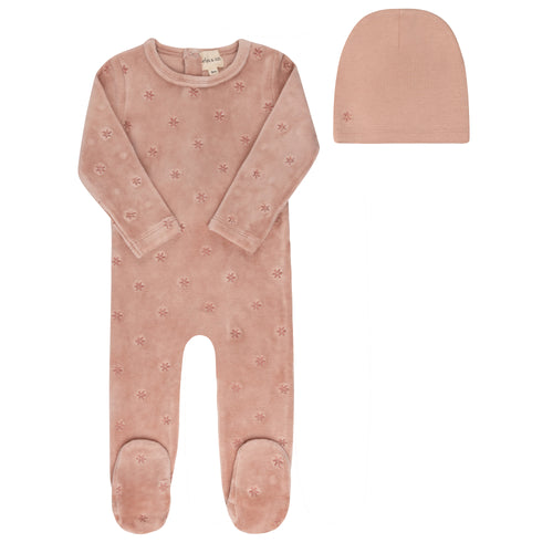 Ely's & Co Velour Embroidered Floral Collection Footie And Beanie - Pink