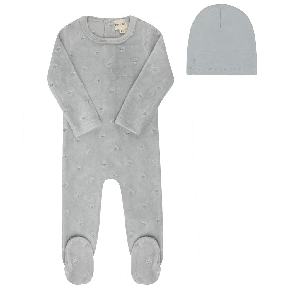 Ely's & Co Velour Embroidered Floral Collection Footie And Beanie - Blue