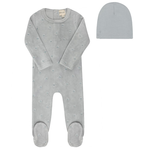 Ely's & Co Velour Embroidered Floral Collection Footie And Beanie - Blue