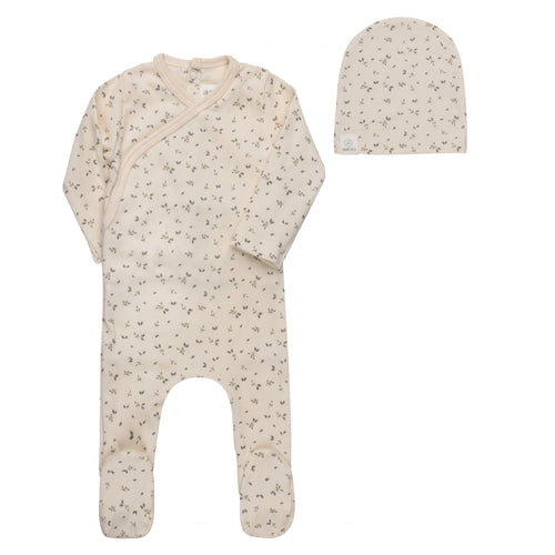 Aurora Floral Rib Collection Footie And Beanie - Ivory/ Blue