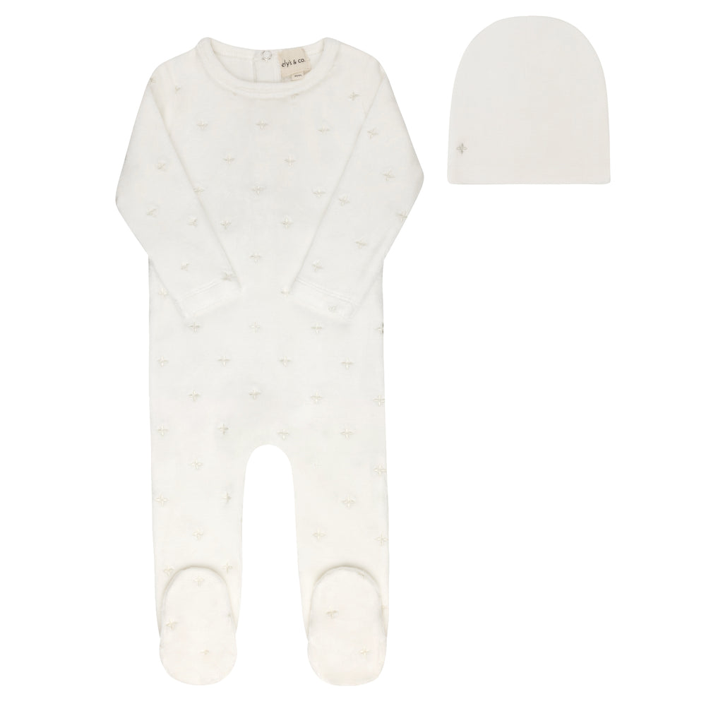 Ely's & Co Velour Embroidered Floral Collection Footie And Beanie - Ivory Boys