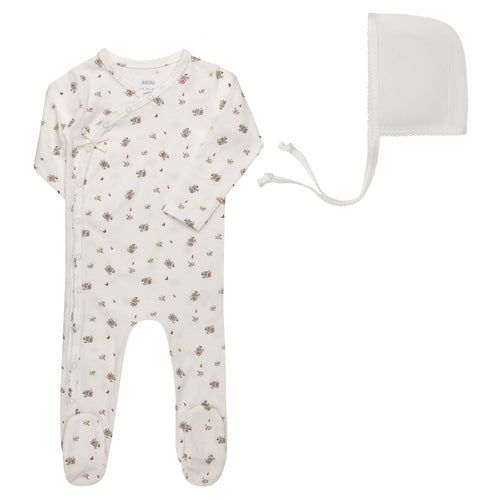 Aurora Jersey Cotton Floral Print Collection Footie And Bonnet - Ivory/Pink