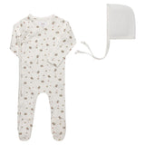 Aurora Jersey Cotton Floral Print Collection Footie And Bonnet - Ivory/Pink