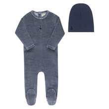 Load image into Gallery viewer, Ely's &amp; Co Velour Stripe Collection Footie And Beanie - Dark Blue