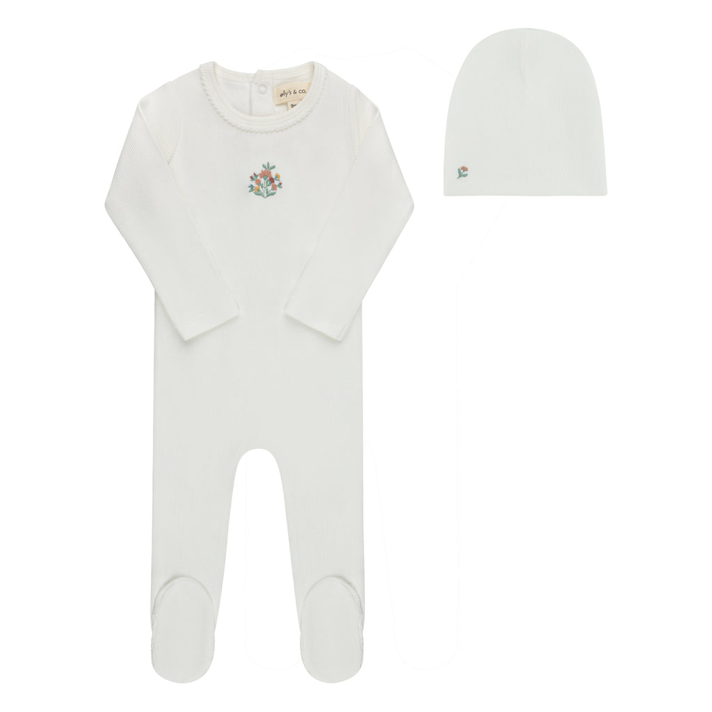Ely's & Co Ribbed Floral Embroidered Collection Footie And Beanie - Ivory