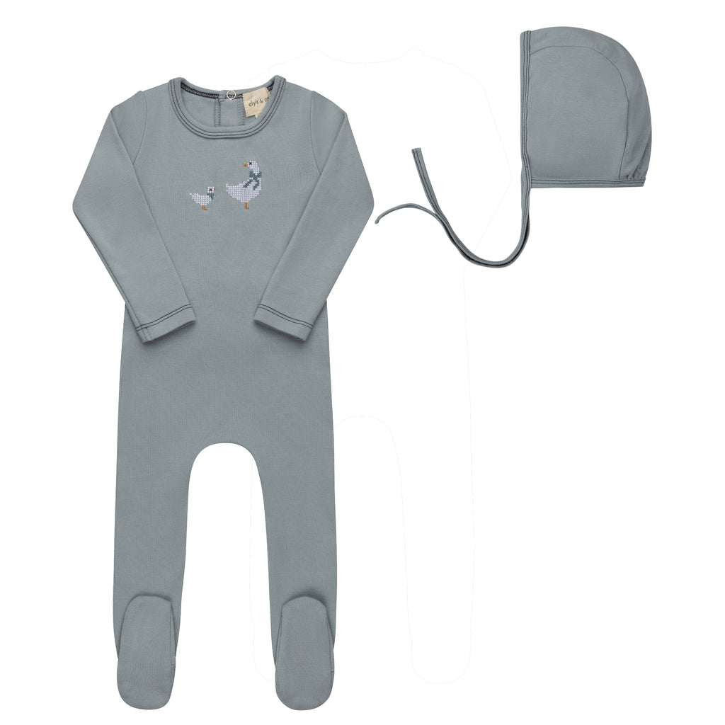 Ely's & Co Cotton Cross Stitch Duckling Collection Footie And Bonnet - Blue