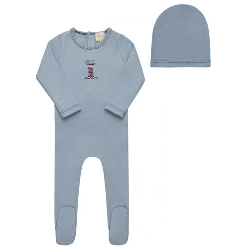 Aurora Cotton Cross Stitch Lighthouse Collection Footie And Beanie - Blue