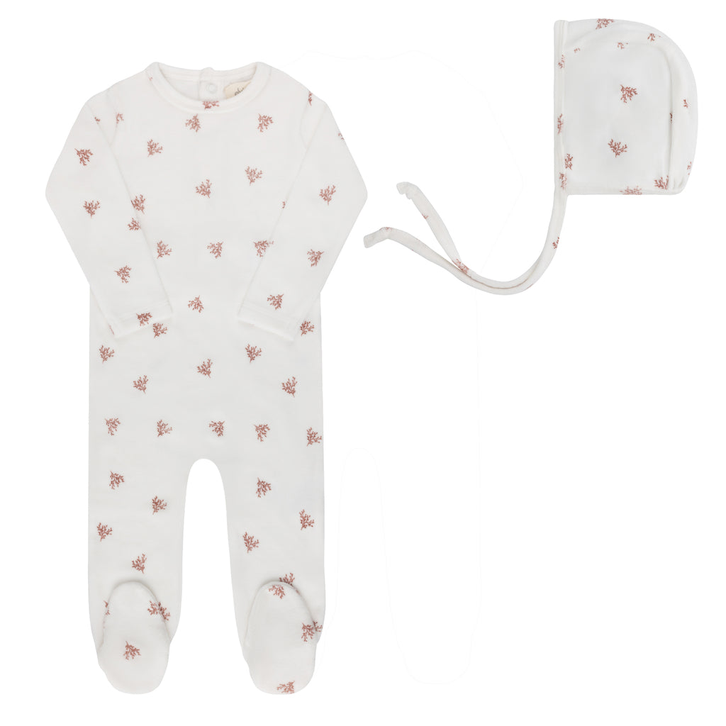 Ely's & Co Velour Leaf Pattern Collection Footie And Bonnet - Ivory Girls