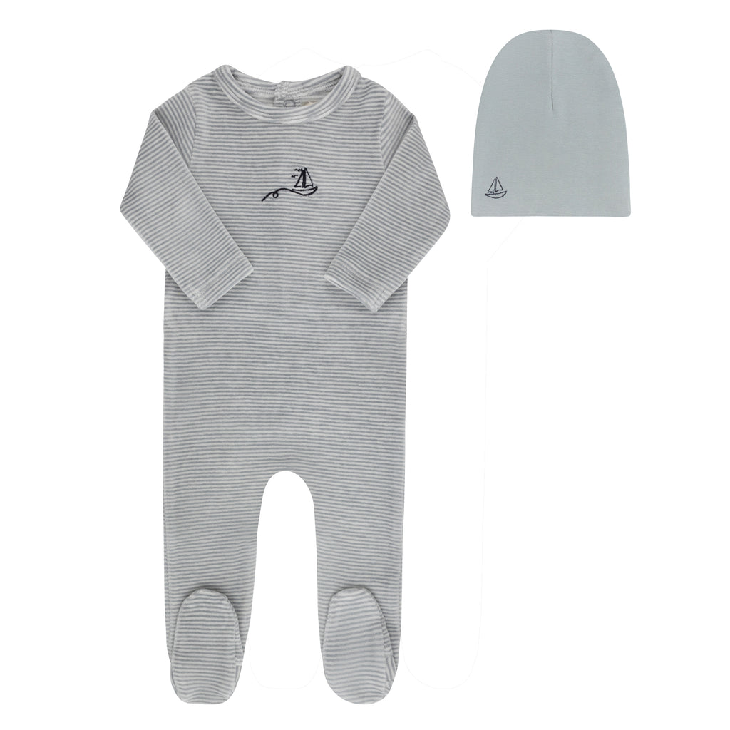 Ely's & Co Velour Stripe Collection Footie And Beanie - Light Blue