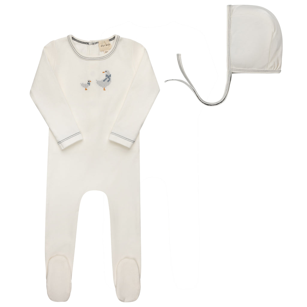 Ely's & Co Cotton Cross Stitch Duckling Collection Footie And Bonnet - Ivory/Blue
