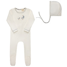 Load image into Gallery viewer, Ely's &amp; Co Cotton Cross Stitch Duckling Collection Footie And Bonnet - Ivory/Blue