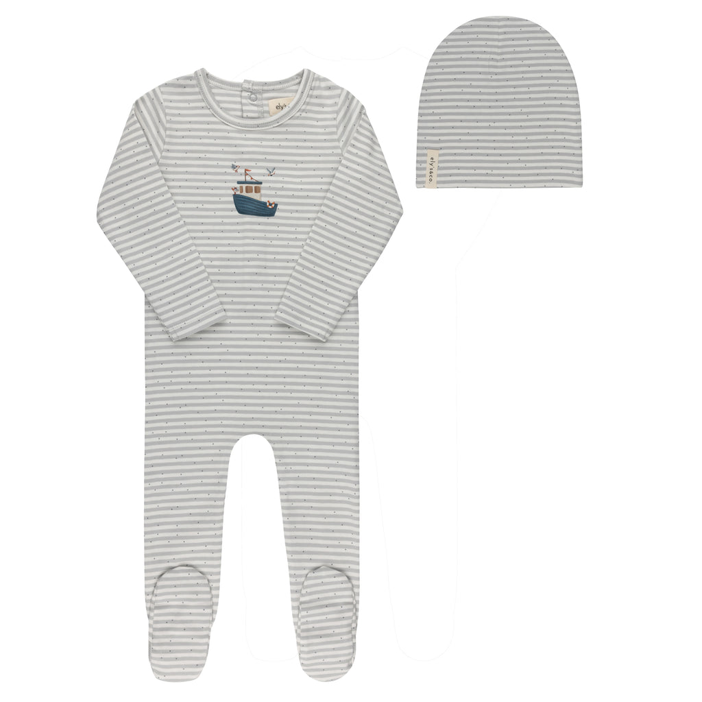 Ely's & Co Nautical Striped Collection Footie And Beanie - Blue