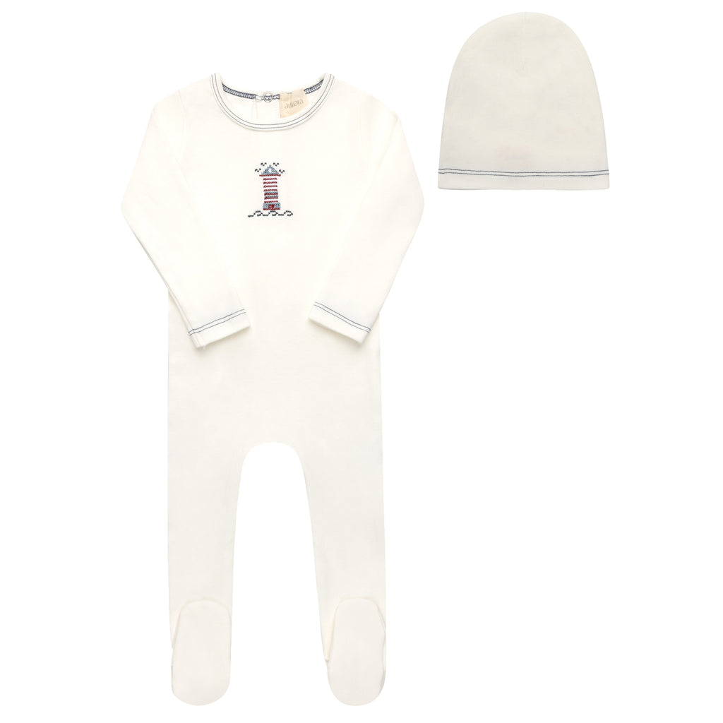 Aurora Cotton Cross Stitch Lighthouse Collection Footie And Beanie - Ivory/Blue