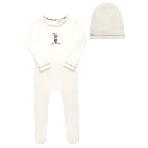Aurora Cotton Cross Stitch Lighthouse Collection Footie And Beanie - Ivory/Blue