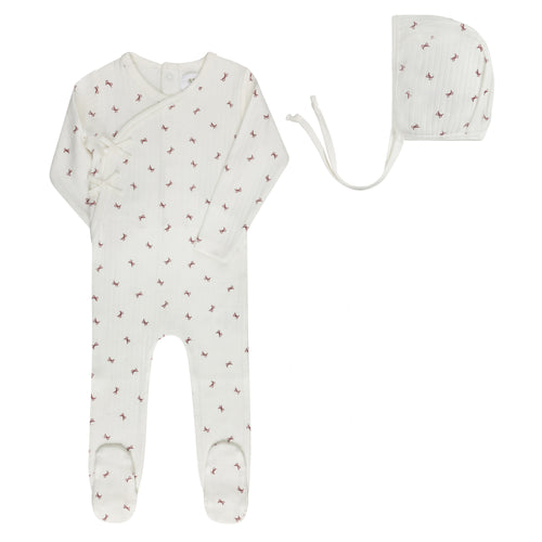 Aurora Bow Pattern Collection Footie And Bonnet - Ivory/Red