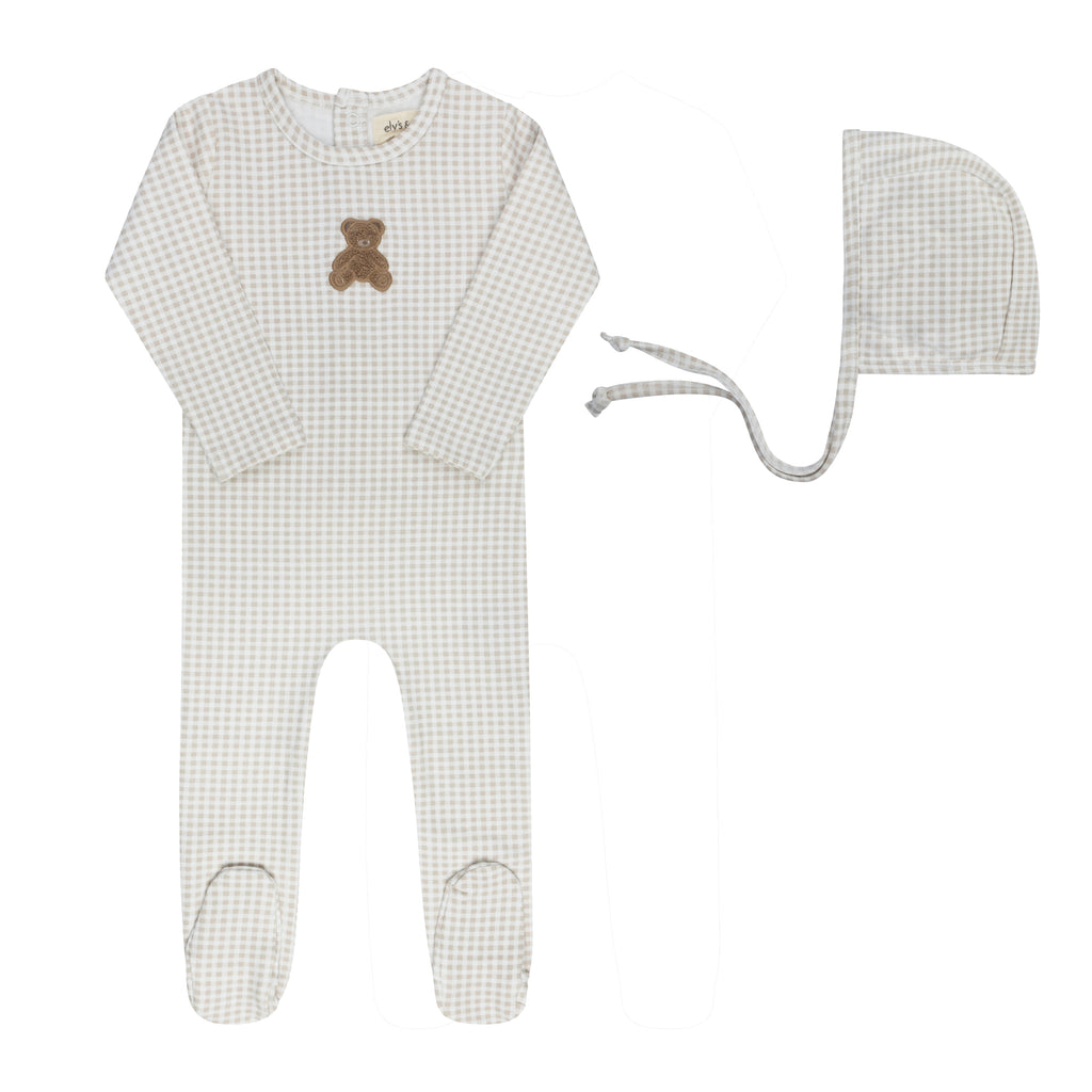 Ely's & Co Gingham Teddy Collection Footie And Bonnet - Tan
