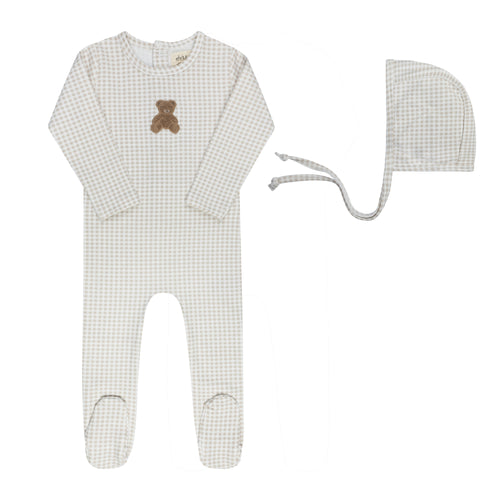 Ely's & Co Gingham Teddy Collection Footie And Bonnet - Tan