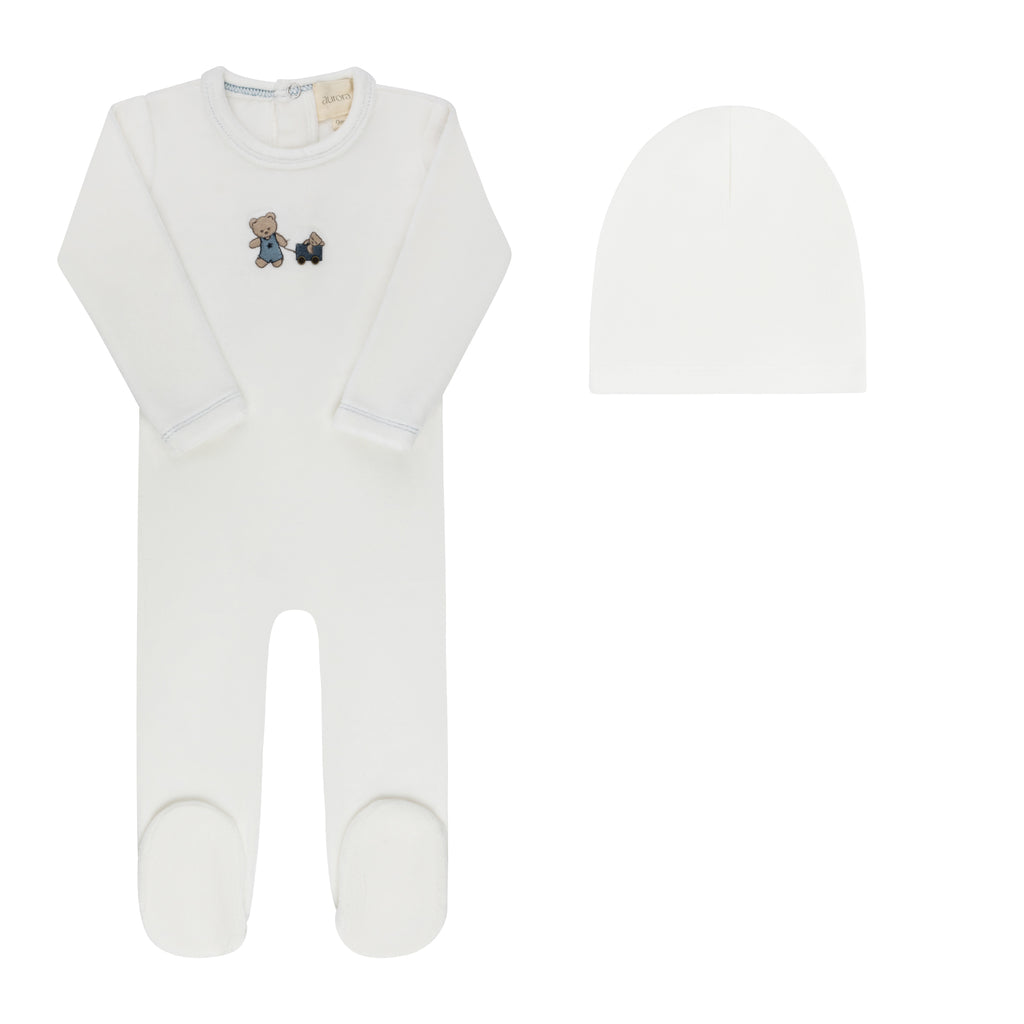 Aurora Embroidered Bear Collection Boys Footie And Beanie - Ivory