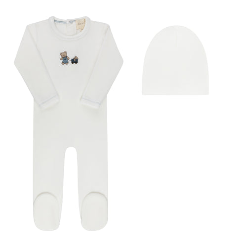 Aurora Embroidered Bear Collection Boys Footie And Beanie - Ivory