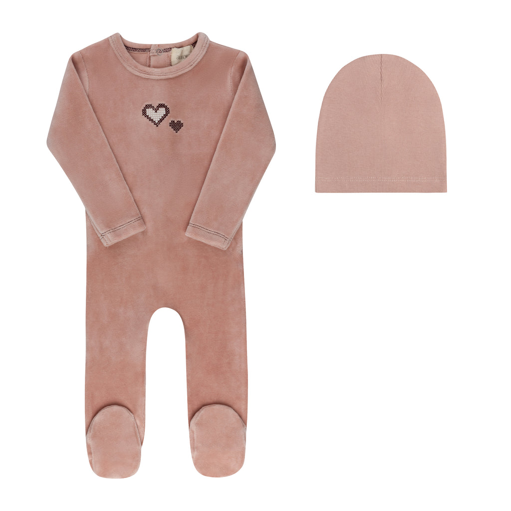 Aurora Cross Stitch Collection Footie And Beanie - Pink