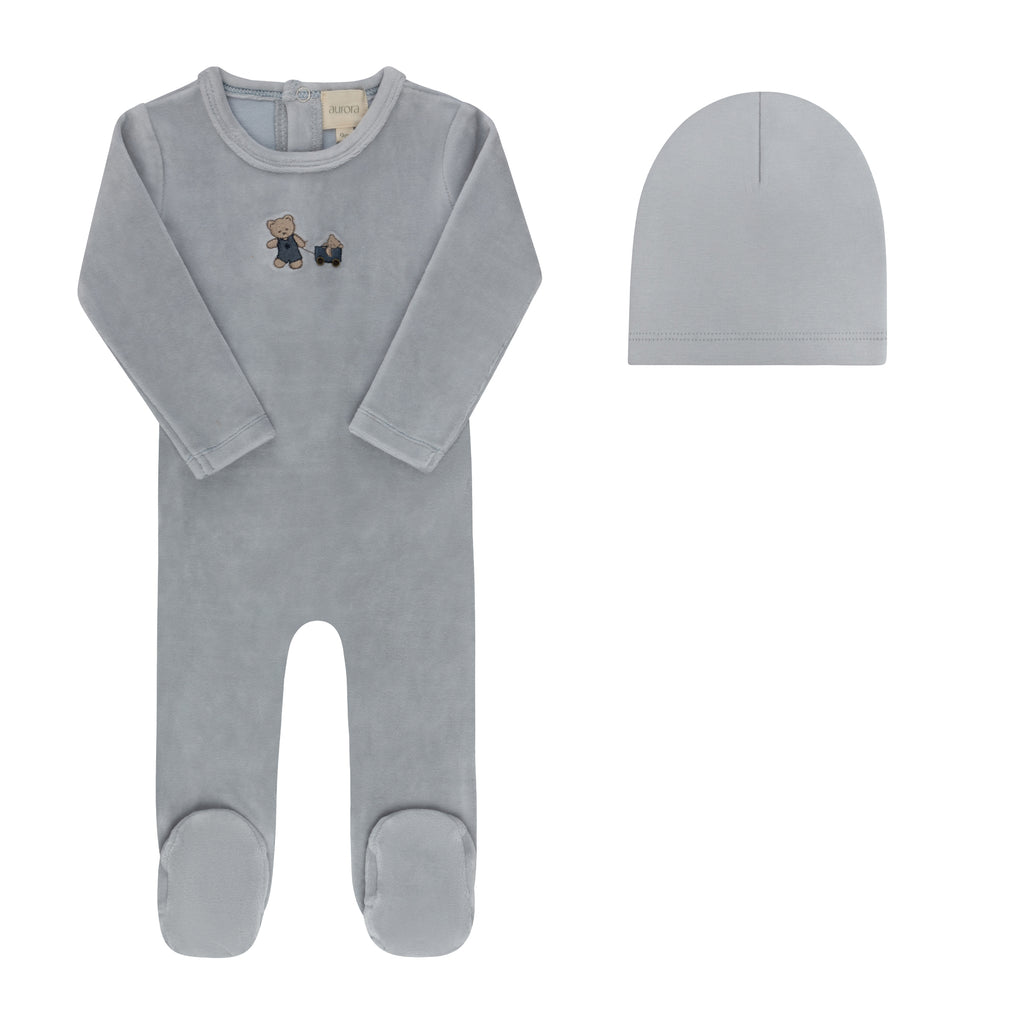 Aurora Embroidered Bear Collection Footie And Beanie - Blue