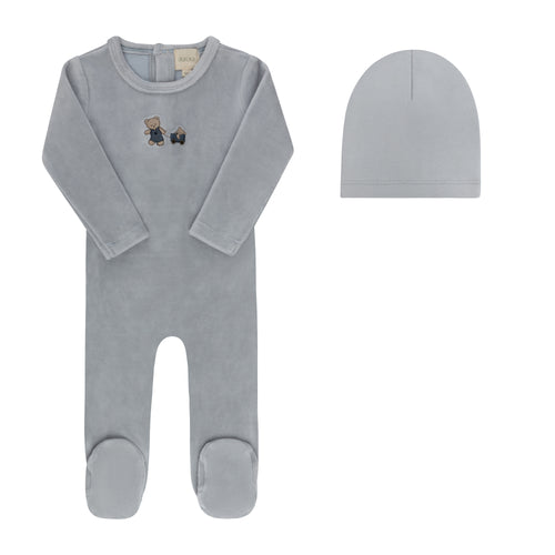 Aurora Embroidered Bear Collection Footie And Beanie - Blue