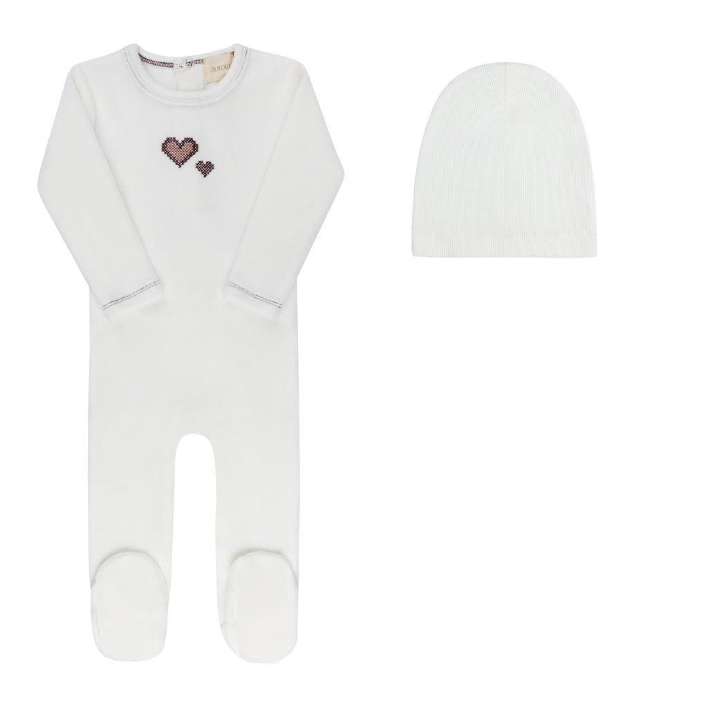 Aurora Cross Stitch Collection Girls Footie And Beanie - Ivory