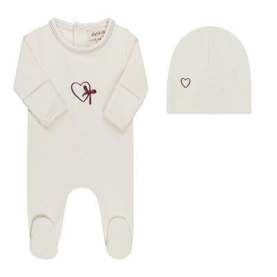 Ely's & Co Heart Collection Footie And Beanie - Ivory/Burgundy
