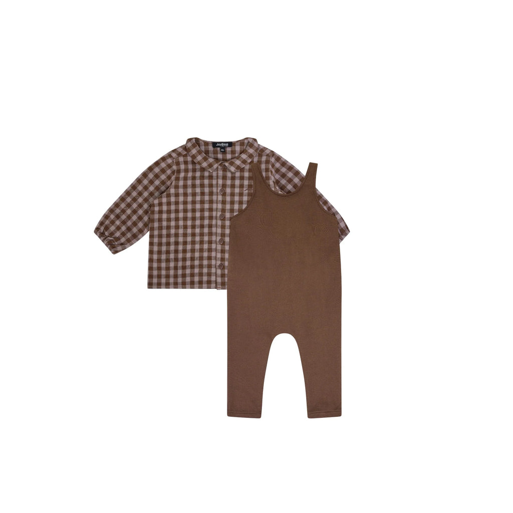 Jaybee Checkered Collar Shirt And Overalls Set - Chestnut/Slate