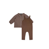 Jaybee Checkered Collar Shirt And Overalls Set - Chestnut/Slate