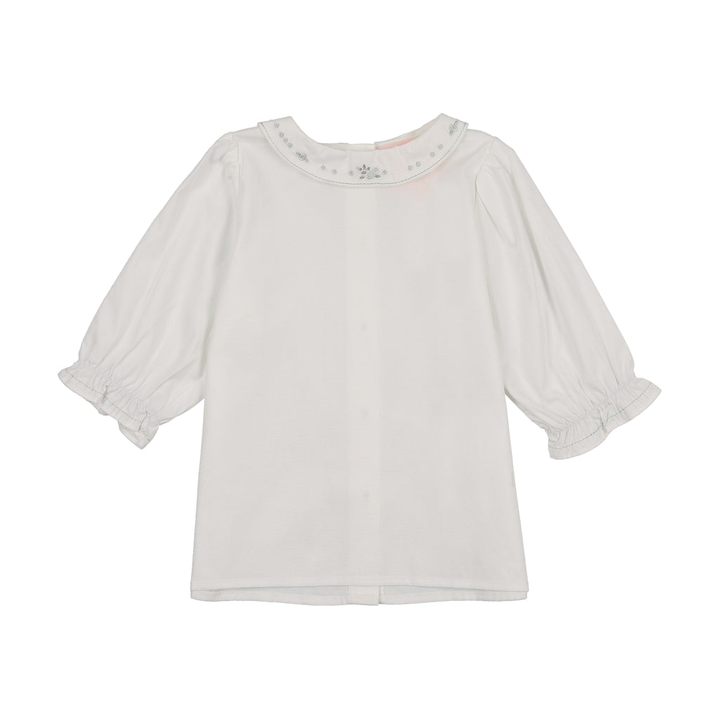 Little Tempest Scallop Hem Jumper And Embroidered Blouse Set - Mint Green/White