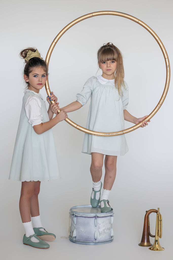 Little Tempest Scallop Hem Jumper And Embroidered Blouse Set - Mint Green/White