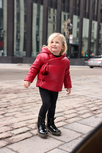 Mantel Side Opening pom pom tie Winter Jacket - Red