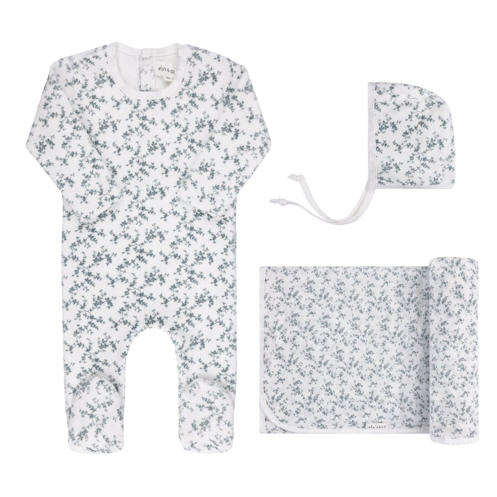 Ely's & Co Velour Vine Pattern Layette Set - Blue on Ivory