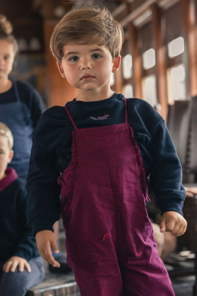 Mini Moda Penny Check Fringe Dungarees - Red/Navy