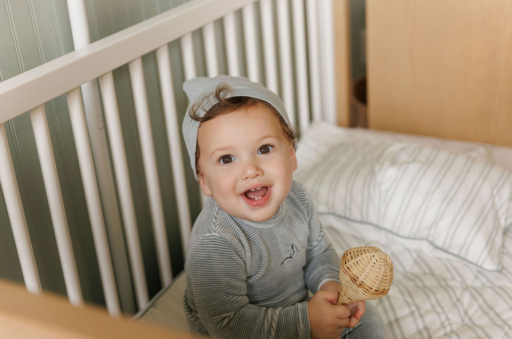 Ely's & Co Velour Stripe Collection Footie And Beanie - Light Blue