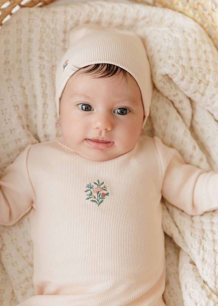 Ely's & Co Ribbed Floral Embroidered Collection Footie And Beanie - Pink