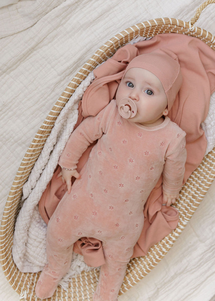 Ely's & Co Velour Embroidered Floral Collection Footie And Beanie - Pink