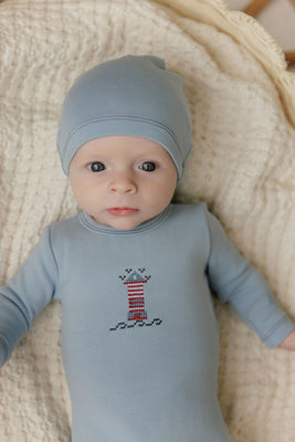 Aurora Cotton Cross Stitch Lighthouse Collection Footie And Beanie - Blue