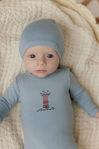 Aurora Cotton Cross Stitch Lighthouse Collection Footie And Beanie - Blue