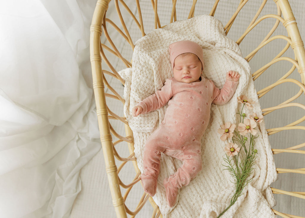 Ely's & Co Velour Embroidered Floral Collection Footie And Beanie - Pink